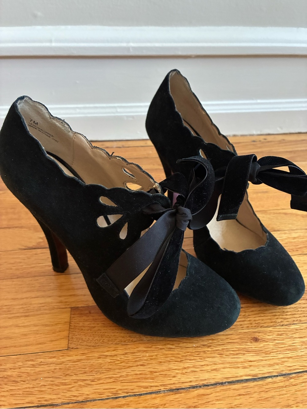 Black Suede Scalloped Tie-Heel Pumps
